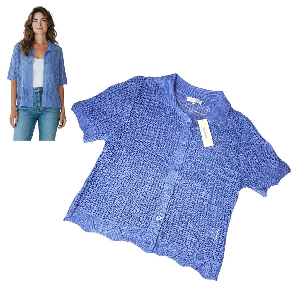 No Comment Crochet Top Blue Spread Collar Womens Med Button Up Knit Cardigan New